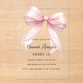 Pink bow pearls elegant Sweet 16 luxury clear Acryleinladungen (Vorderseite)