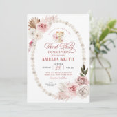 Pink Bow Pearls Erste Heilige Kommunion Christenin Einladung (Stehend Vorderseite)