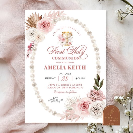 Pink Bow Pearls Erste Heilige Kommunion Christenin Einladung