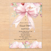 Pink bow pearls florals girl clear Baptism Acryleinladungen (Vorderseite)