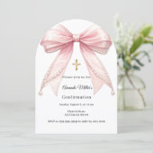 Pink bow pearls girl elegant Confirmation Arch Einladung (Stehend Vorderseite)