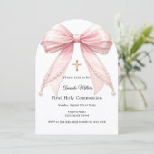 Pink bow pearls girl elegant First Communion Arch Einladung (Stehend Vorderseite)
