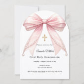 Pink bow pearls girl elegant First Communion Arch Einladung (Vorderseite)