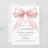 Pink bow pearls girl elegant First Communion Einladung (Vorderseite)
