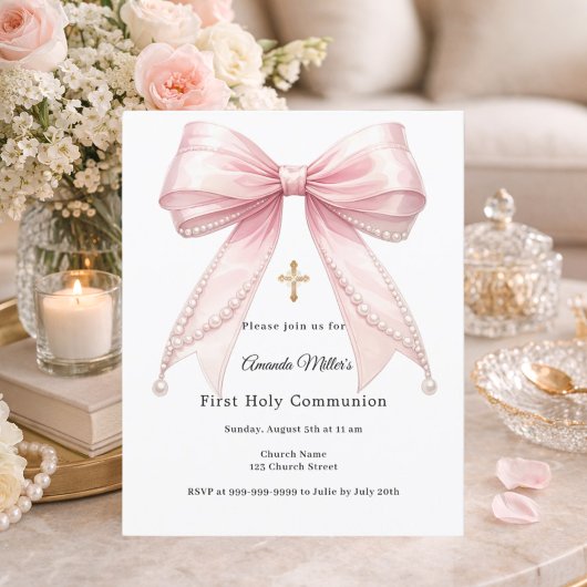 Pink bow pearls girl First Communion invitation