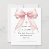 Pink bow pearls girl First Communion invitation (Vorderseite)