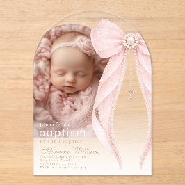 Pink Bow Pearls Photo Baby girl Baptism Acryleinladungen