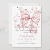 Pink Bow Pearls Quinceañera Save the Date Karte (Vorderseite)