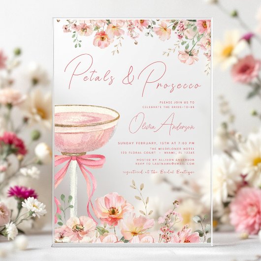 Pink Bow Petals & Prosecco Blush Brautparty Acryleinladungen