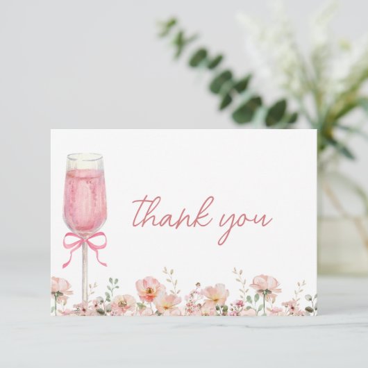 Pink Bow Petals & Prosecco Blush Brautparty Dankeskarte (Stehend Vorderseite)