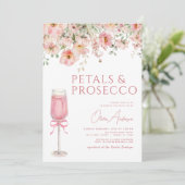 Pink Bow Petals & Prosecco Blush Brautparty Einladung (Stehend Vorderseite)