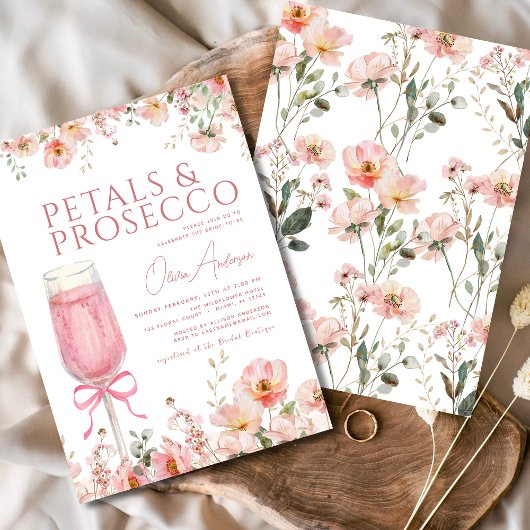Pink Bow Petals & Prosecco Blush Brautparty Einladung