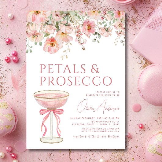 Pink Bow Petals & Prosecco Blush Brautparty Einladung