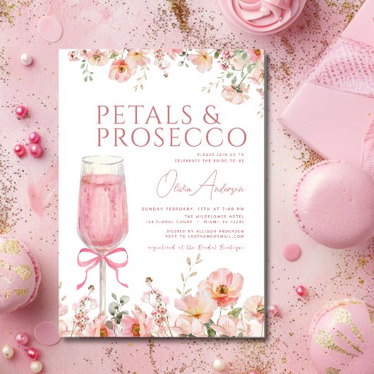 Pink Bow Petals & Prosecco Blush Brautparty Einladung