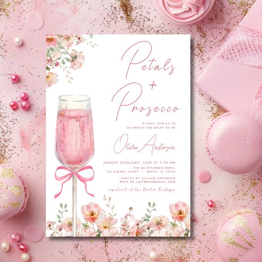 Pink Bow Petals & Prosecco Blush Brautparty Einladung