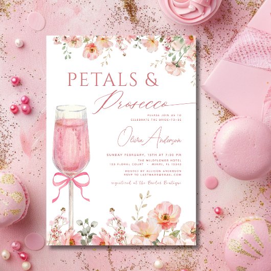 Pink Bow Petals & Prosecco Blush Brautparty Einladung