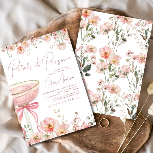 Pink Bow Petals & Prosecco Blush Brautparty Einladung