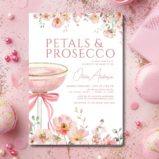 Pink Bow Petals & Prosecco Blush Brautparty Einladung