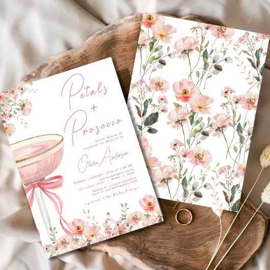 Pink Bow Petals & Prosecco Blush Brautparty Einladung