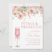 Pink Bow Petals & Prosecco Blush Brautparty Einladung (Vorderseite)