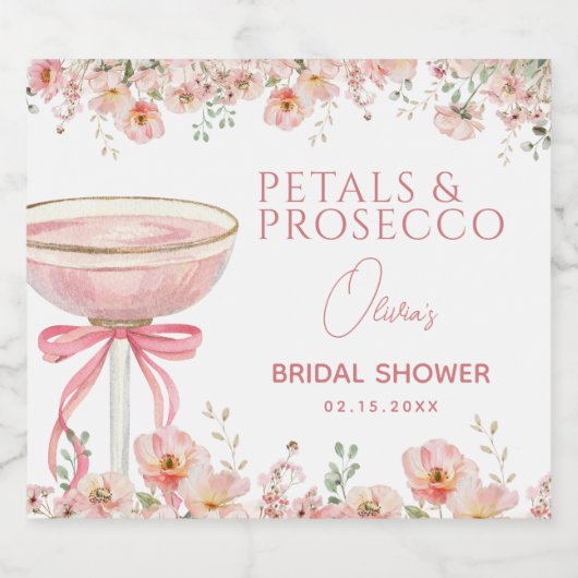 Pink Bow Petals & Prosecco Blush Brautparty Schaumweinetikett (Einzelnes Label)
