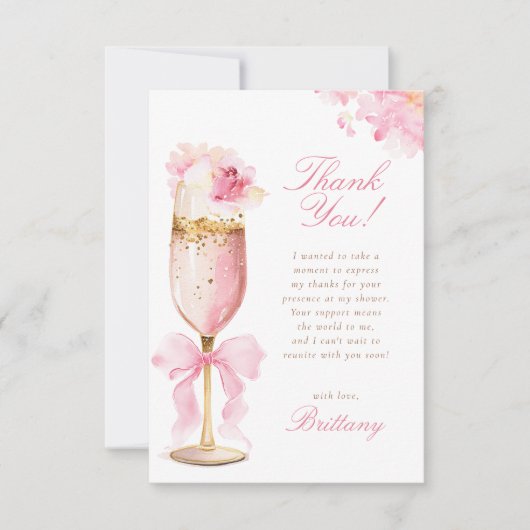 Pink Bow Petals Prosecco Brautparty Dankeskarte (Vorderseite)