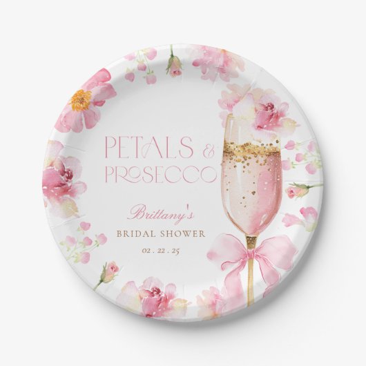 Pink Bow Petals Prosecco Brautparty Pappteller (Vorderseite)