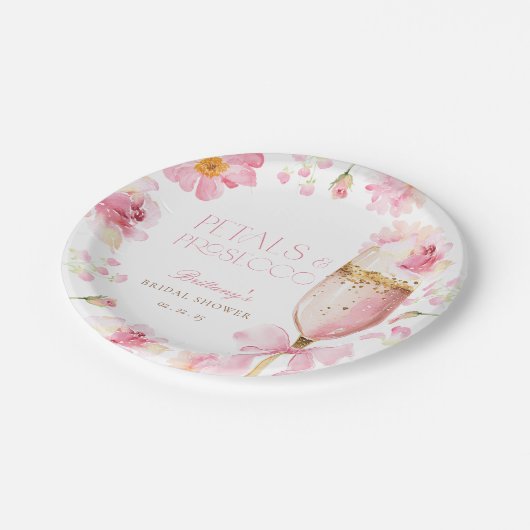 Pink Bow Petals Prosecco Brautparty Pappteller (Schrägansicht)