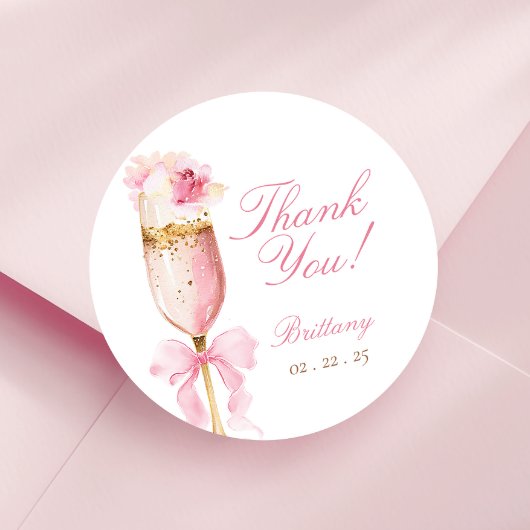 Pink Bow Petals Prosecco Brautparty Runder Aufkleber