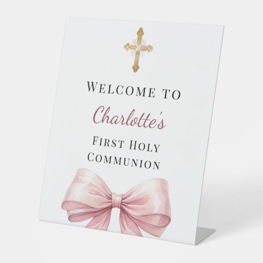 Pink bow photo First Holy Communion welcome Sockelschild (Vorderseite)