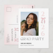 Pink Bow Photo Grad Party Graduation Invitation Postkarte (Vorne/Hinten)