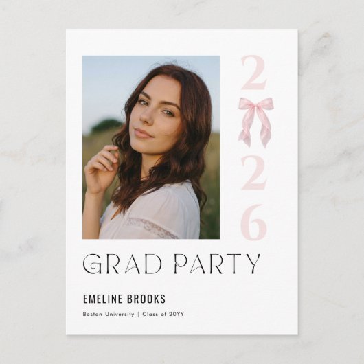 Pink Bow Photo Grad Party Graduation Invitation Postkarte (Vorderseite)