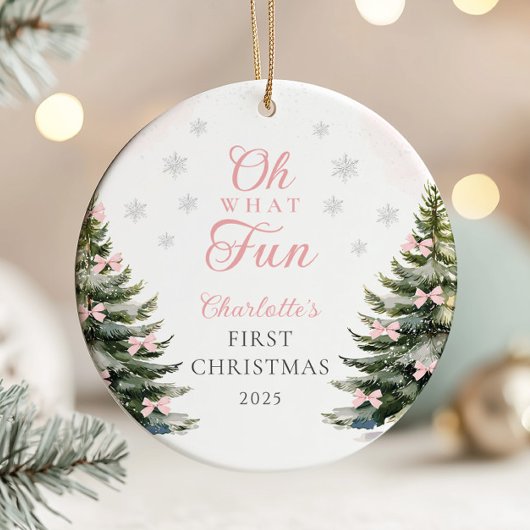 Pink Bow Pine Tree Baby's First Christmas Keramik Ornament