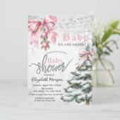 Pink Bow Pine Tree Balls its cold outside Einladung (Stehend Vorderseite)