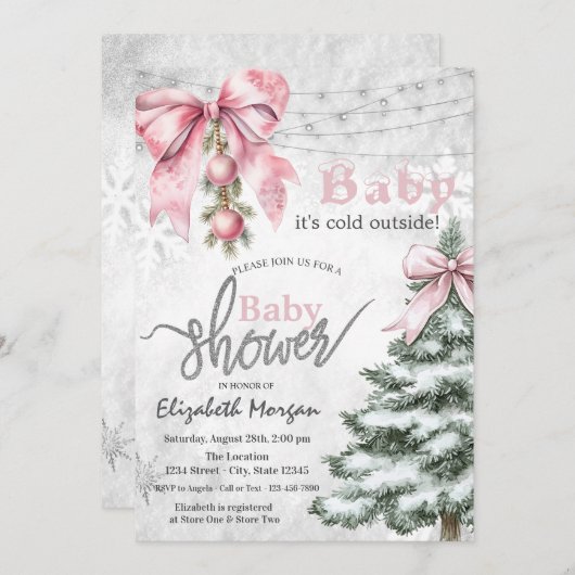 Pink Bow Pine Tree Balls its cold outside Einladung (Vorne/Hinten)