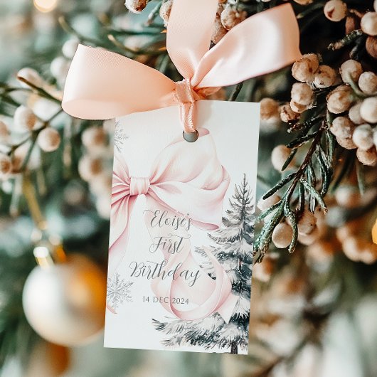 Pink Bow Pine Trees Winter Onederland 1. Geburtsta Geschenkanhänger