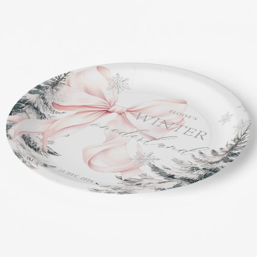 Pink Bow Pine Trees Winter Onederland 1. Geburtsta Pappteller (Schrägansicht)