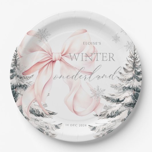 Pink Bow Pine Trees Winter Onederland 1. Geburtsta Pappteller (Vorderseite)