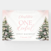 Pink Bow Pine Trees Winter Onederland 1st Birthday Banner (Horizontal)