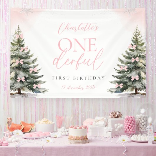 Pink Bow Pine Trees Winter Onederland 1st Birthday Banner (Party)
