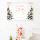 Pink Bow Pine Trees Winter Onederland 1st Birthday Banner (InSitu)