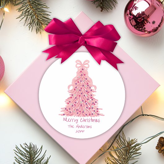 Pink Bow Pink Christmas Tree Runder Aufkleber