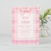 Pink bow plaid wedding einladung (Stehend Vorderseite)