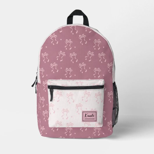 Pink Bow Preppy Coquette Custom Script Name Bedruckter Rucksack (Vorderseite)