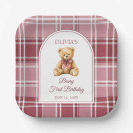 Pink Bow Preppy Teddy Bear 1st Birthday Pappteller