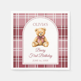 Pink Bow Preppy Teddy Bear 1st Birthday Serviette