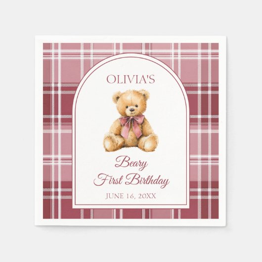 Pink Bow Preppy Teddy Bear 1st Birthday Serviette (Vorderseite)