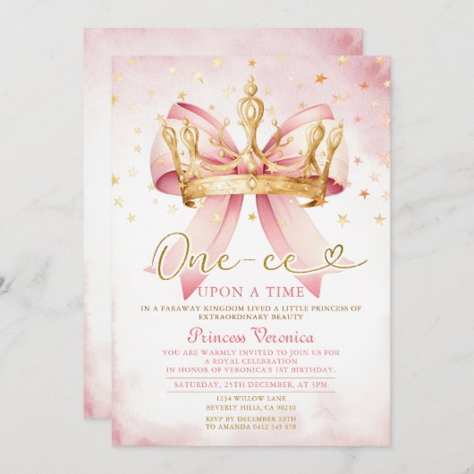 Pink Bow Princess ONE-CE Upon a time 1st birthday Einladung (Vorne/Hinten)