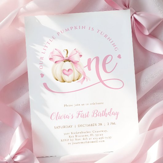 Pink Bow Pumpkin 1. Geburtstag Einladung