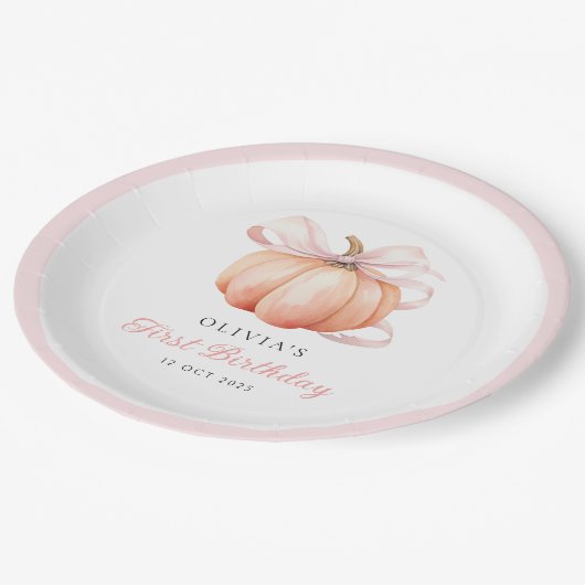 Pink Bow Pumpkin 1. Geburtstag Pappteller (Schrägansicht)